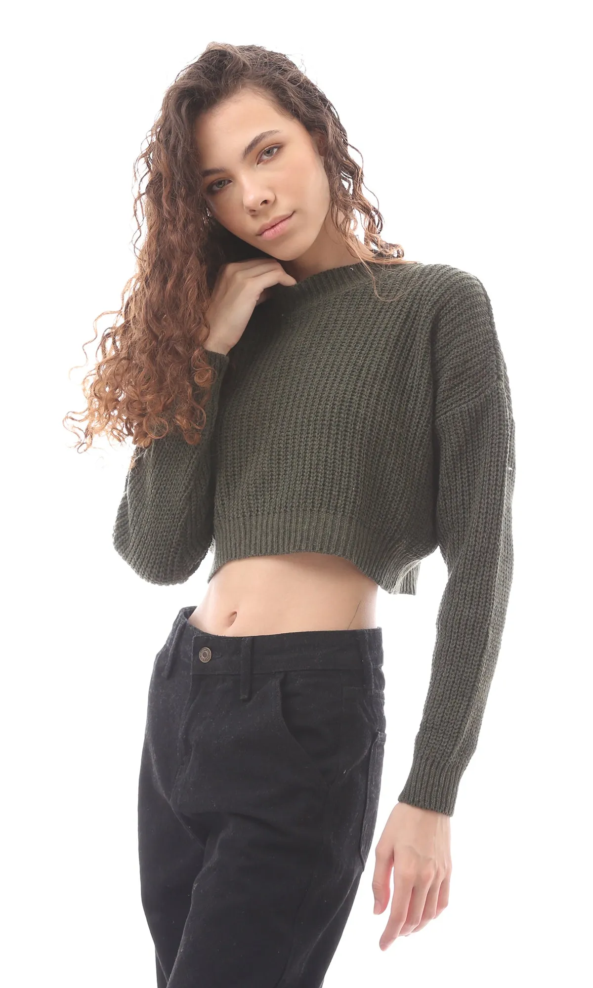 O171368 Green Cropped Knitted Pullover