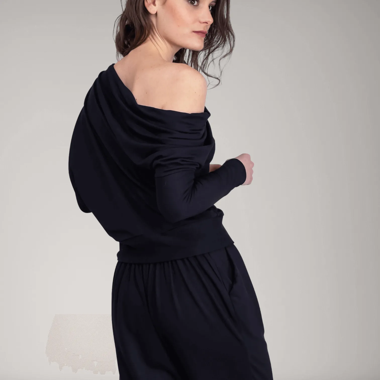 One-Shoulder Fine French Terry Sweater | Obsidian