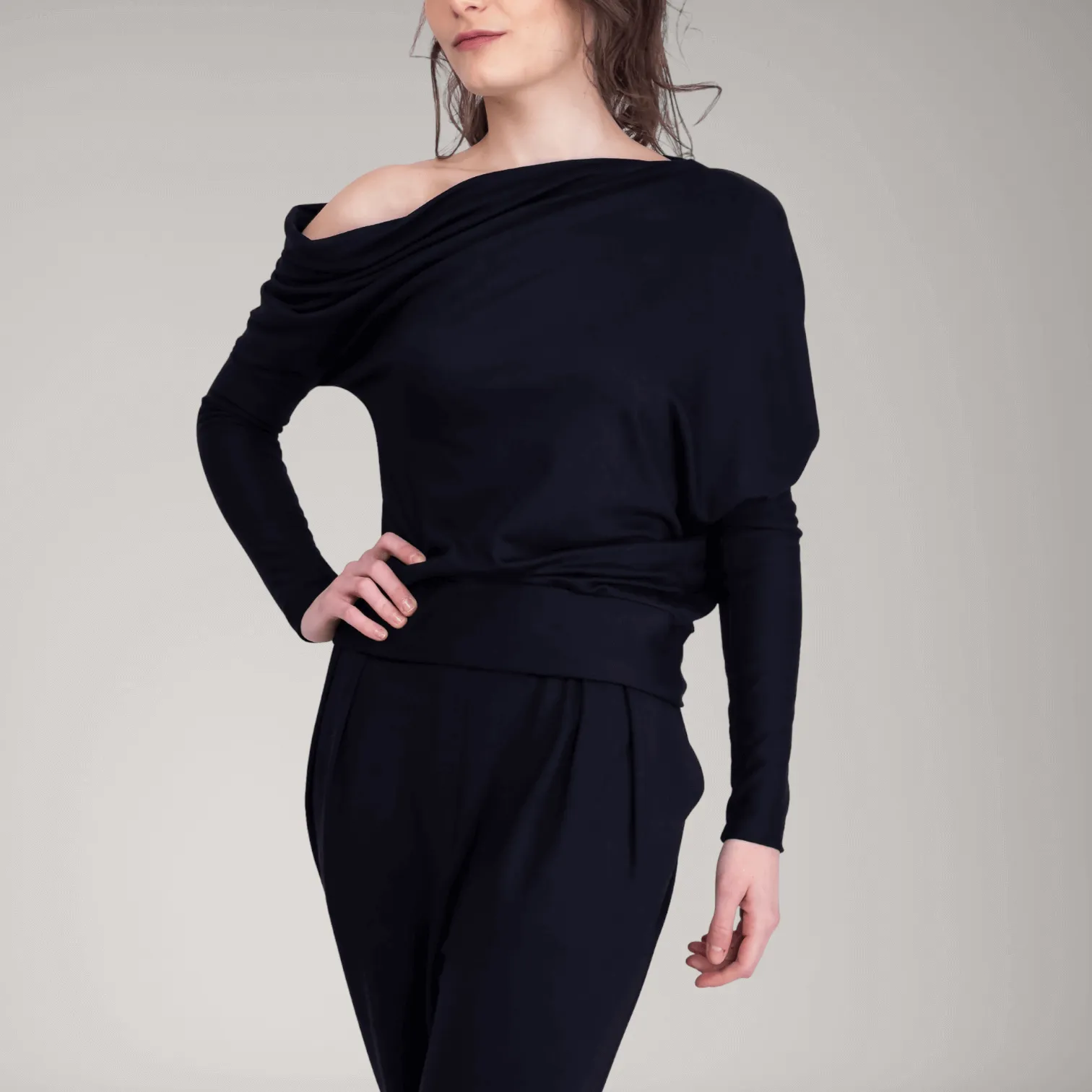 One-Shoulder Fine French Terry Sweater | Obsidian