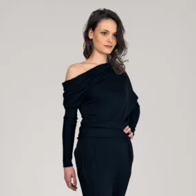 One-Shoulder Fine French Terry Sweater | Obsidian