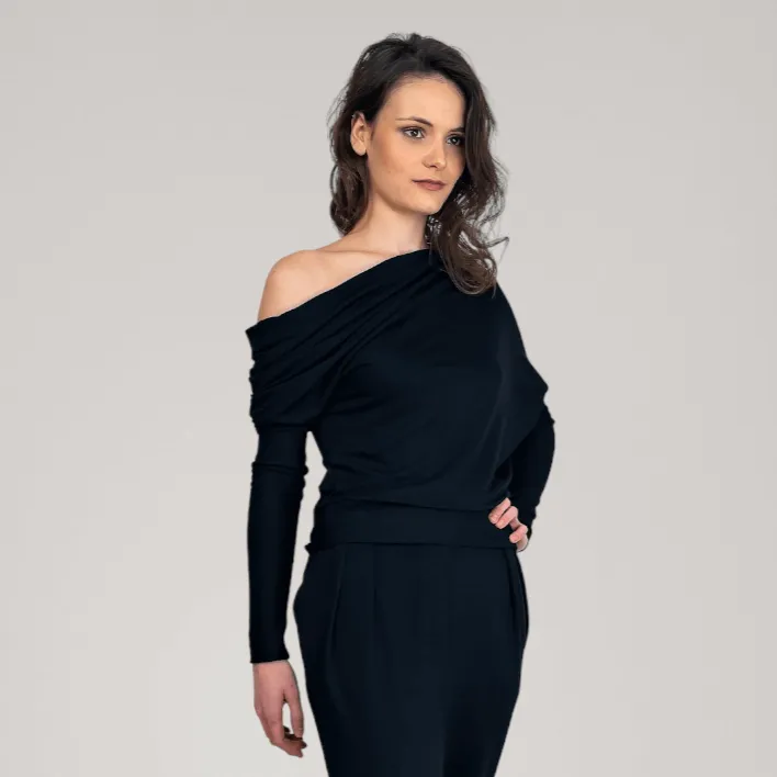 One-Shoulder Fine French Terry Sweater | Obsidian