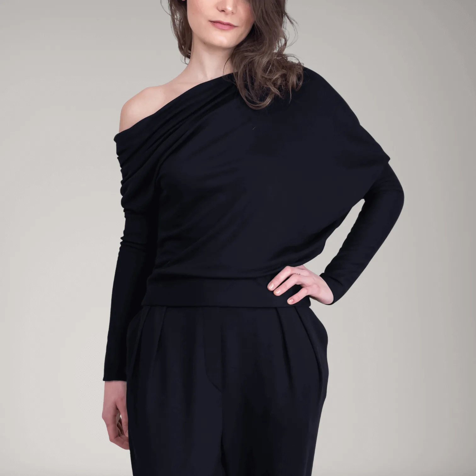 One-Shoulder Fine French Terry Sweater | Obsidian