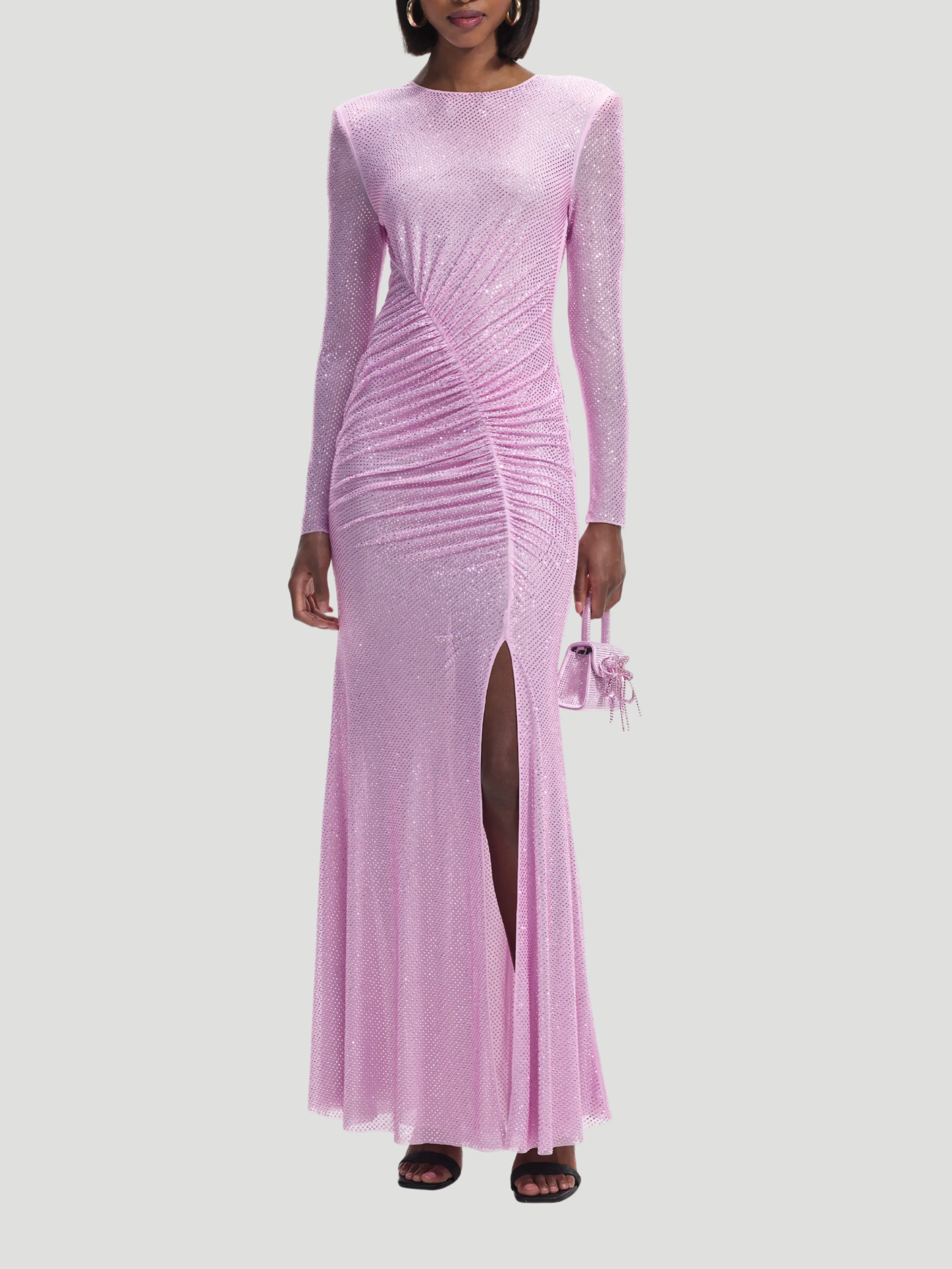 Pink Rhinestone Mesh Maxi Dress