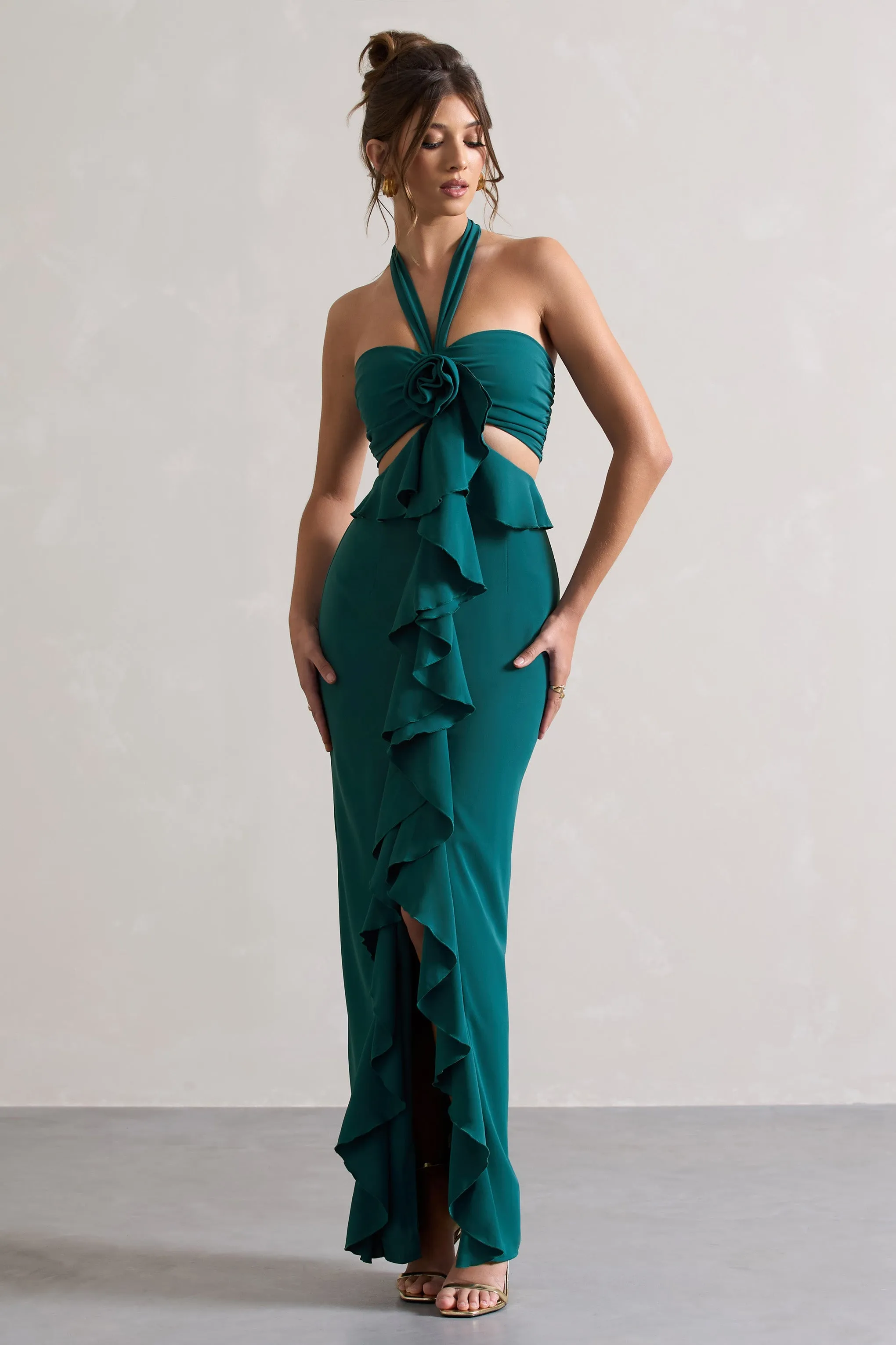 Powerful | Petrol Blue Cut-Out Halter-Neck Maxi Dress With Flower & Ruffles