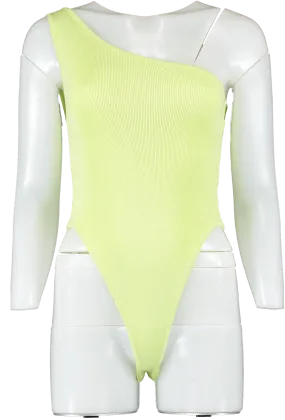 PrettyLittleThing Green Lime One Shoulder Knitted Bodysuit UK S