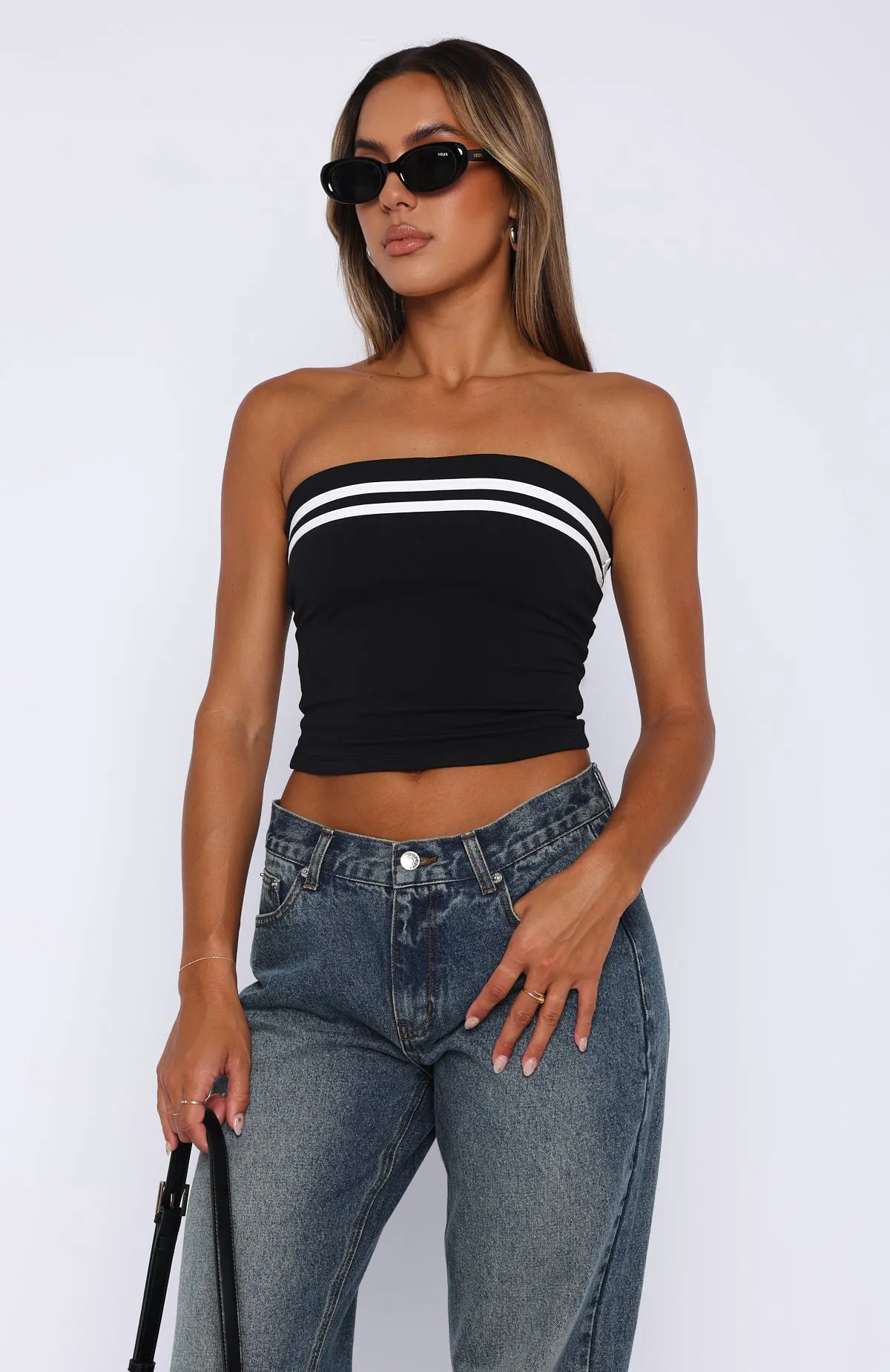 She's Caught Up Strapless Top Black