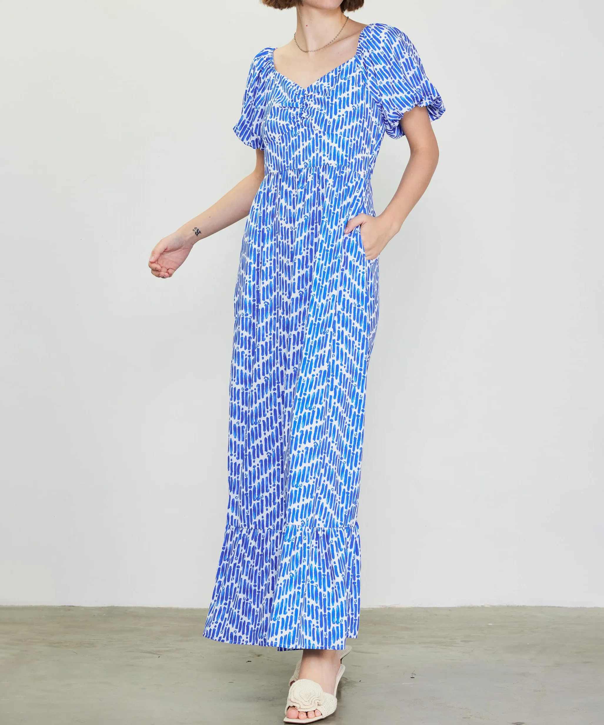 Short Sleeve Smocked Back Maxi Dress - Blue