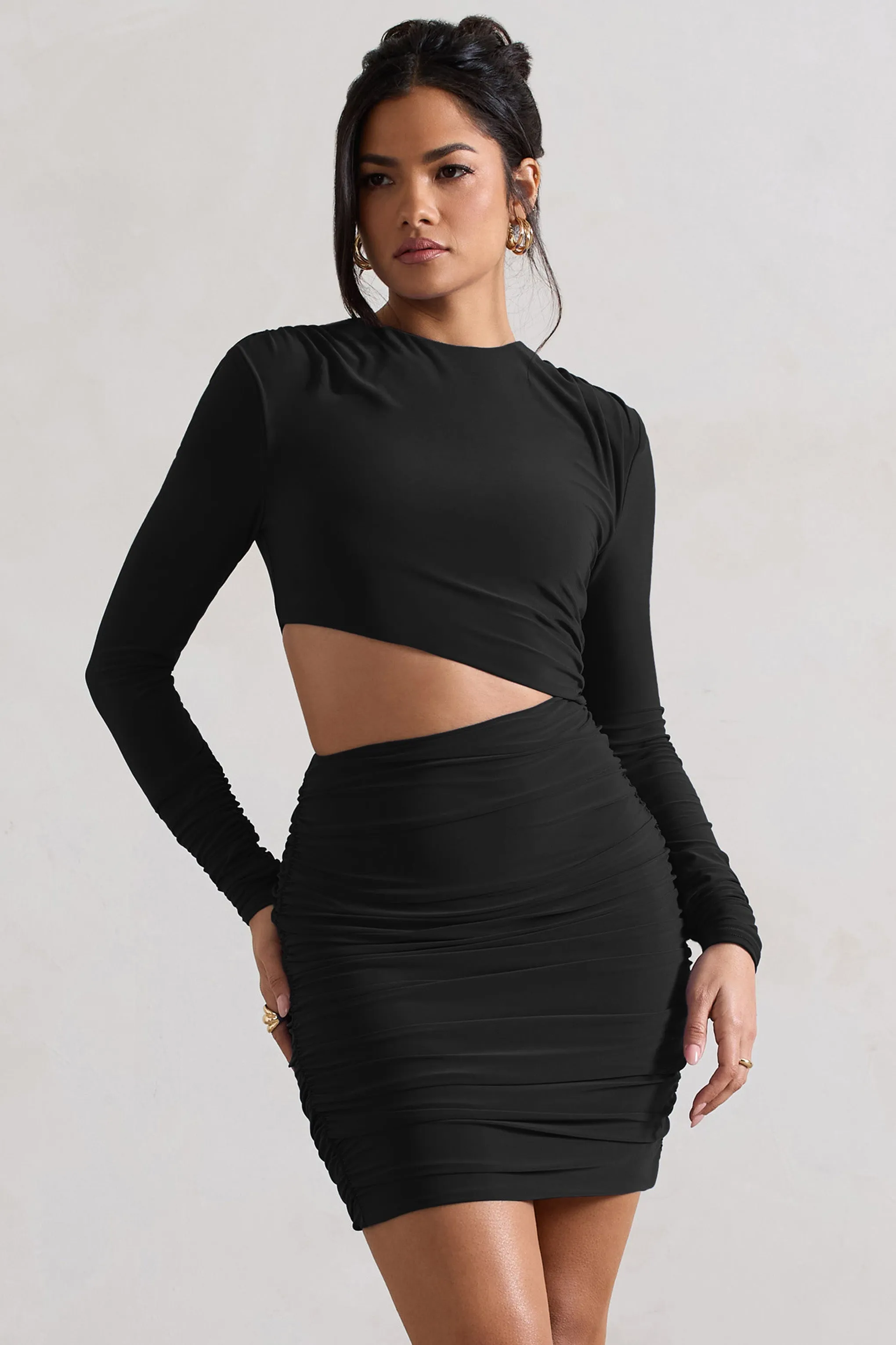 Tana | Black Ruched Bodycon Long Sleeve Cut-Out Mini Dress