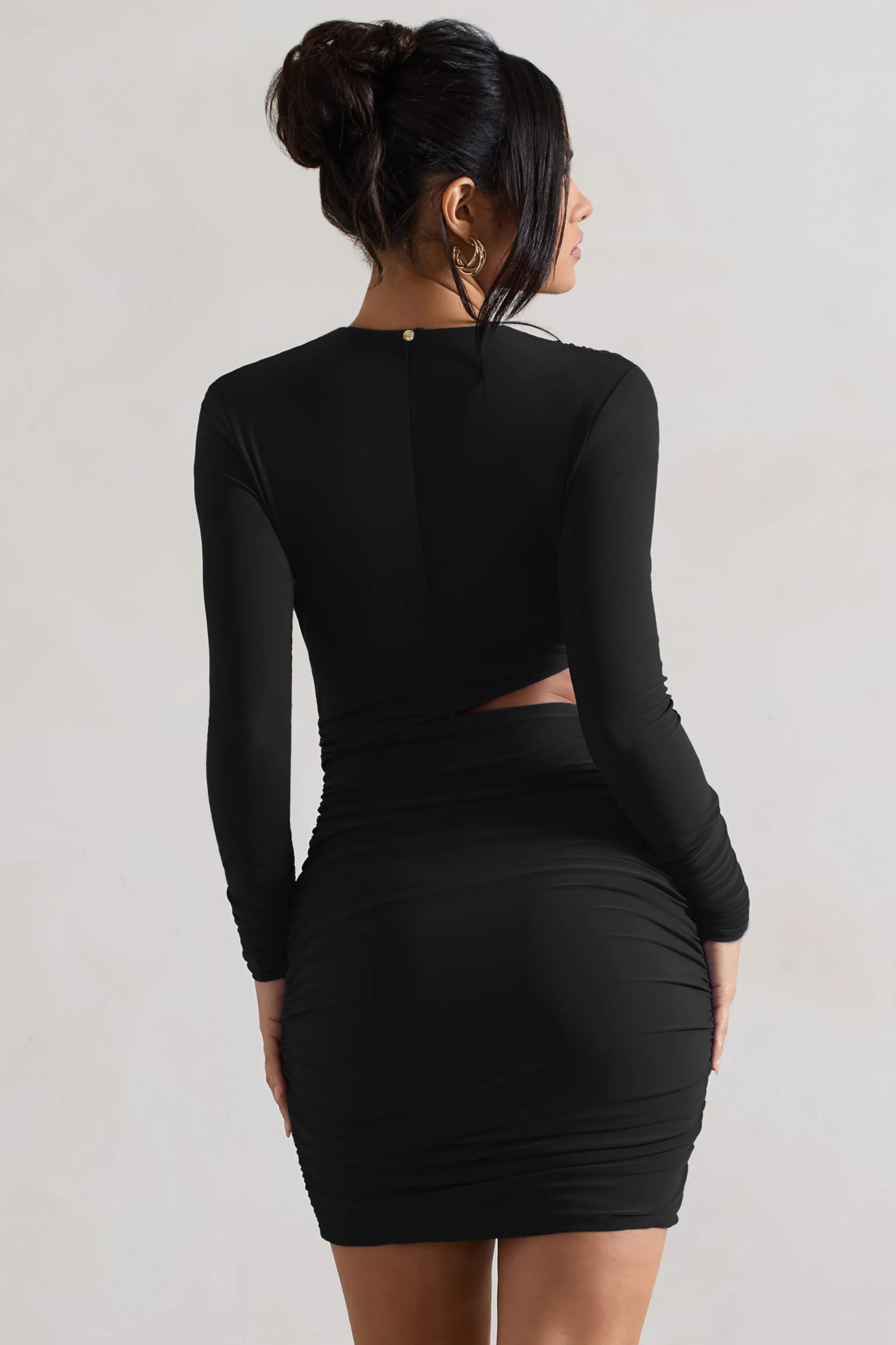 Tana | Black Ruched Bodycon Long Sleeve Cut-Out Mini Dress