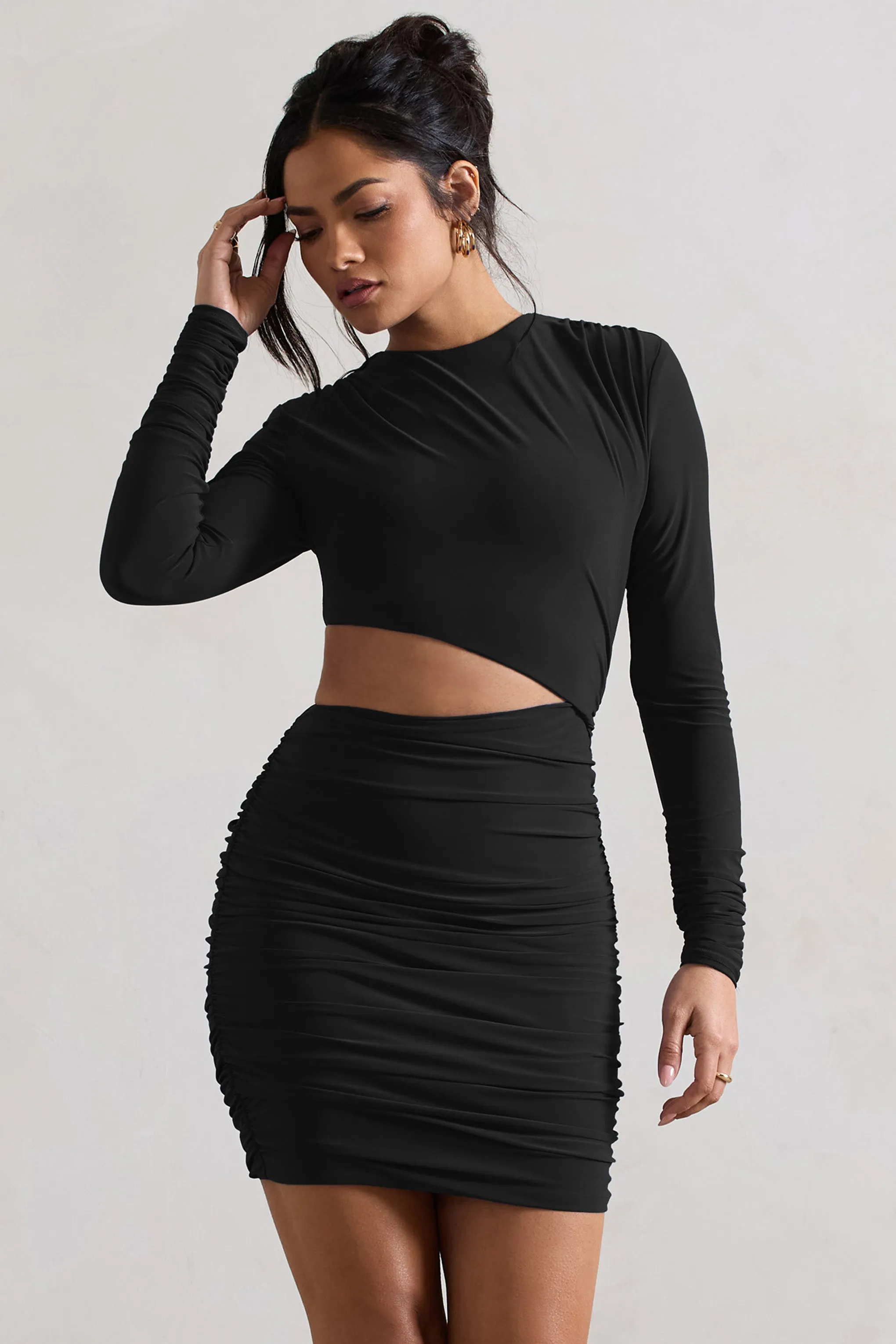 Tana | Black Ruched Bodycon Long Sleeve Cut-Out Mini Dress