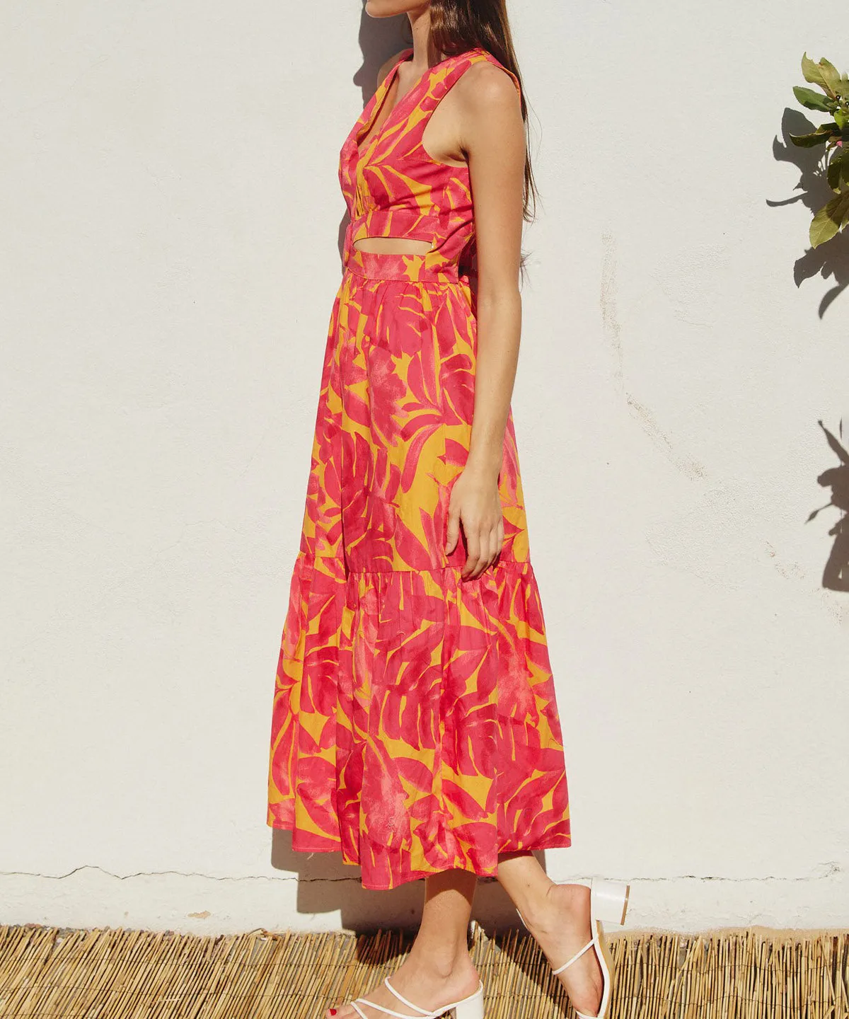 Tropical Print O Ring Cut Out Midi Dress - Sunset Fuchsia