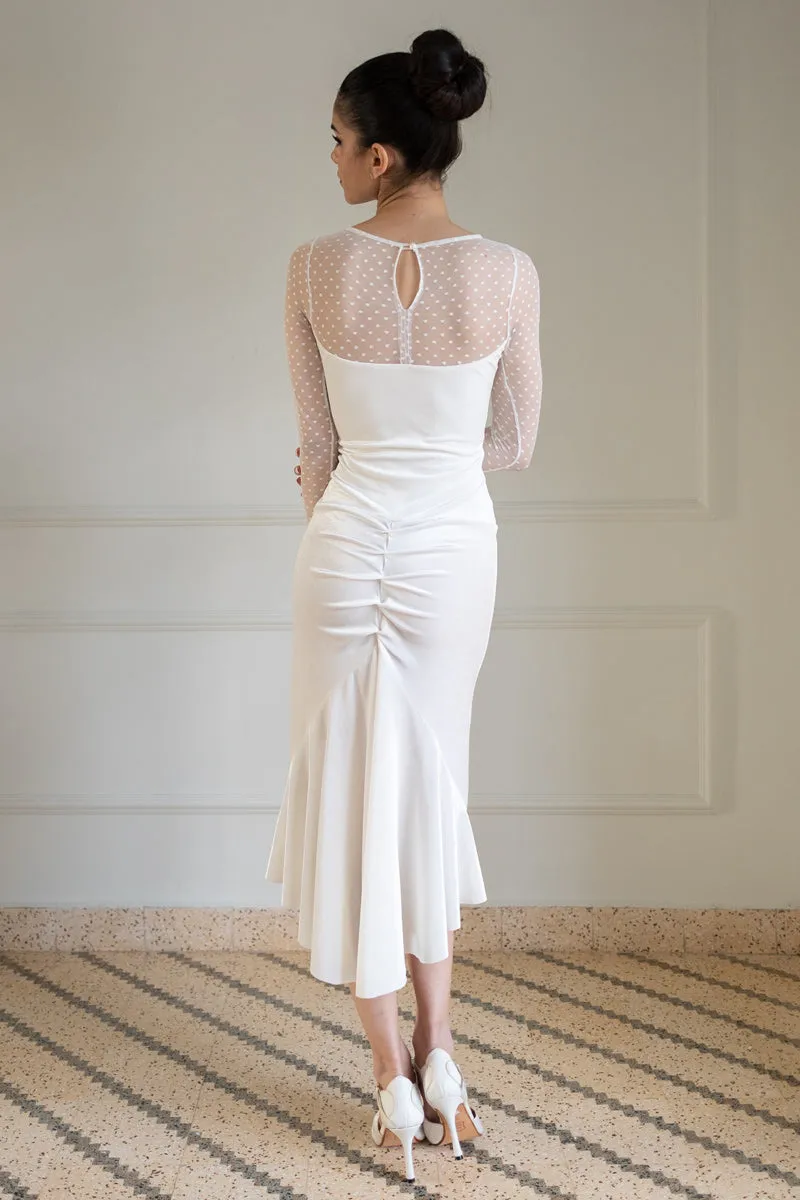 White Velvet Mermaid Dress With Dotted Tulle Sleeves