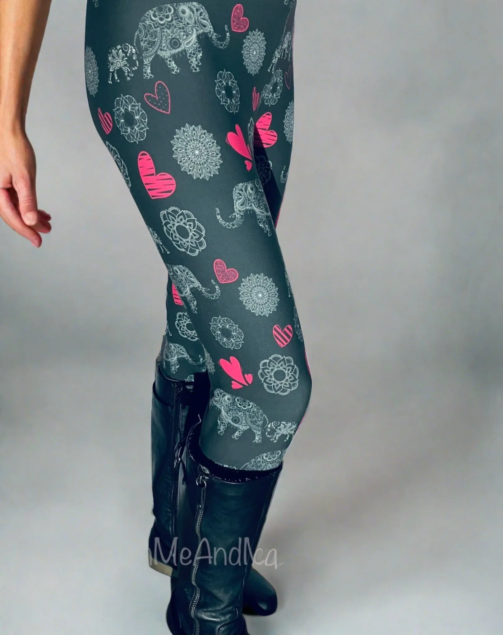 Womens Elephant Heart Leggings, Soft Yoga Pants, Sizes 0-22, Yoga Waist, Gray/Pink, Exclusive Leggings