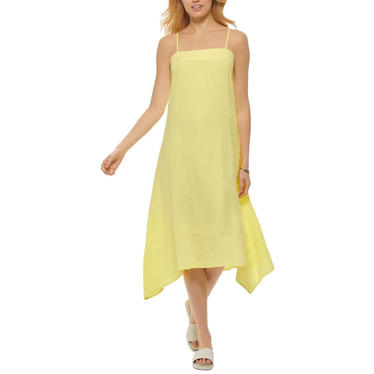 Womens Sharkbite Hem Linen Midi Dress